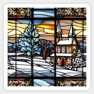 Stained glass panel of country church in Winter Sticker